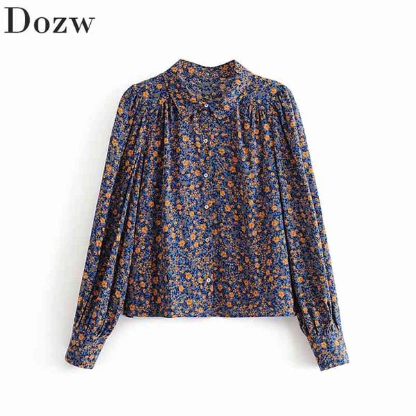 

women print blouse elegant turn-down long puff sleeve ladies shirt stylish female basic blusas chic office tunic 210515, White