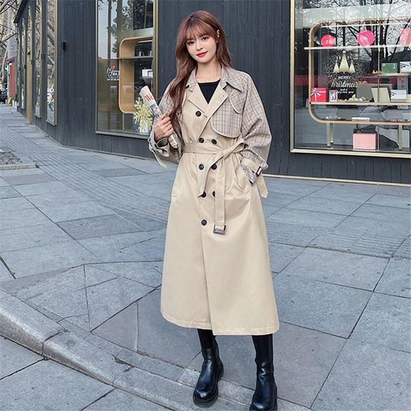 

women's trench coats korean style double breasted splice plaid khaki long coat for women fashion elegant loose lady windbreaker outerwe, Tan;black