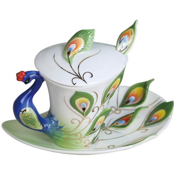 

mugs est 3d bone china peacock coffee mug with saucer tea cup ceramic spoon lid water bottles breakfast milk cups gift