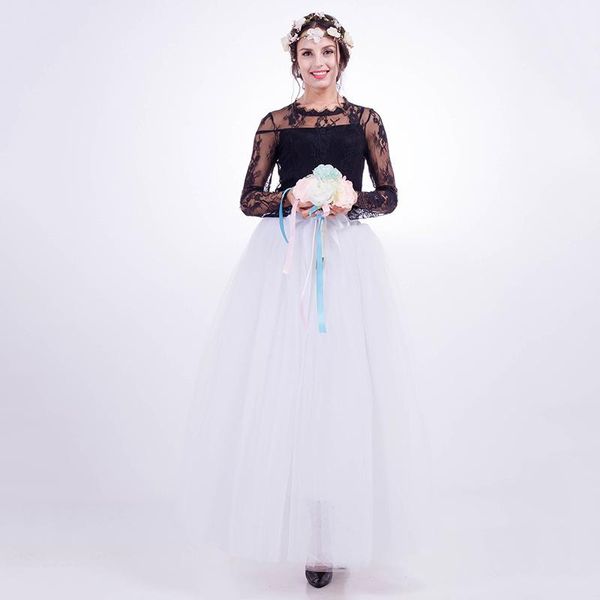 

skirts [ quality] 7 layers 100cm long tulle womens pleated skirt fashion wedding bridal bridesmaid faldas jupe saias, Black