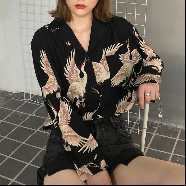 

autumn spring harajuku women blouses crane print long sleeve streetwear, White
