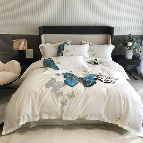 

bedding sets butterfly 1000tc cotton  king size bed cover embroidery duvet sheets/fitted sheet linen set