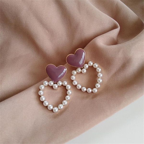 

lovely woman love shape earrings fashion pearl peach heart drops of glaze stud jewelry accessories, Golden;silver