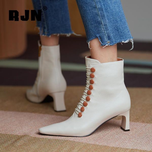 

boots rjn retro women ankle elegant pointed toe button elastic strap cow leather thin squre heel short zipper shoes ro486, Black