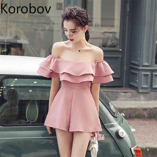 

korobov summer new arrival women jumpsuits elegant solid slash neck off shoulder playsuits beach style ruffles bodysuits 210430, Black;white