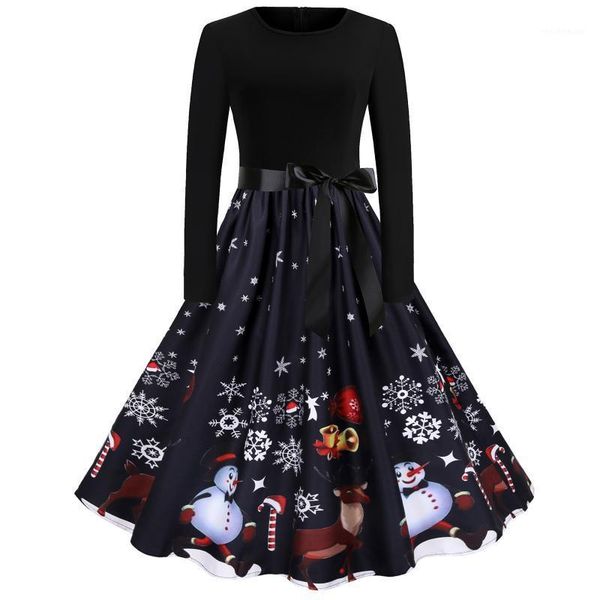 

casual dresses christmas womens vintage long sleeve snowman snowflake print a-line holiday party dress with sashes o neck swing, Black;gray
