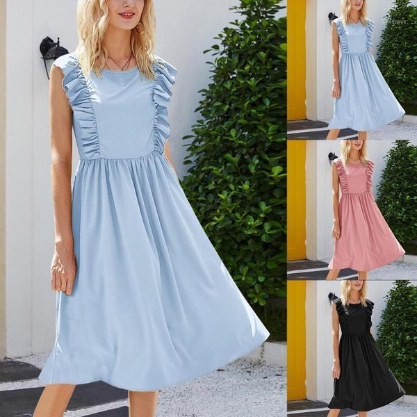

casual dresses women summer dress elegent sleeveless boho beach ruffles 2021 midi party o-neck high waist female robe, Black;gray