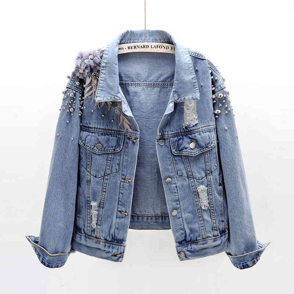 

women's jackets beading embroidery 3d flower denim casual short coat spring autumn vintage female jeans outwear kx8i, Black;brown