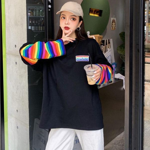 

women's t-shirt cotton women 2021 spring autumn fashion rainbow striped long sleeve plus size basic female tshirt casual girl tee 4, White
