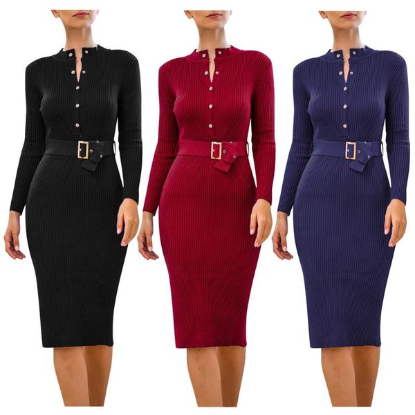 

casual dresses elegant long sleeve party women button solid knitted knee-length v-neck skinny autumn split hem vestidos, Black;gray