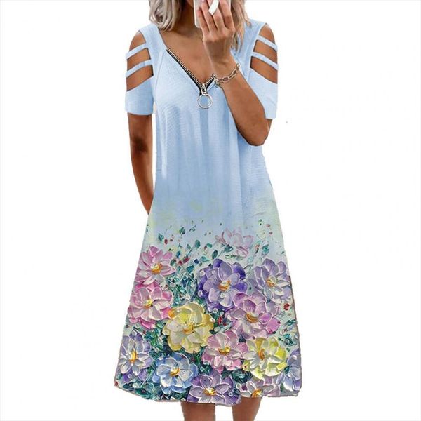 

stylish leisure midi floral print womens dresses v neck hollow short sleeve zipper for prom streetwear, Black;gray