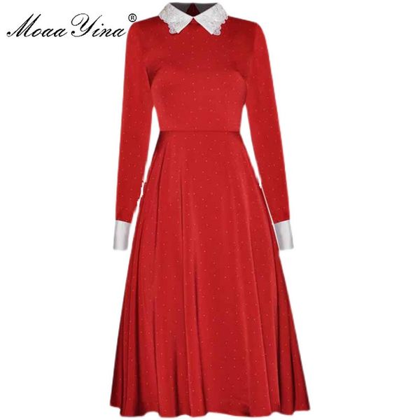 

fashion designer dress spring summer women's dress beaded turn-down collar long sleeve dots slim elegant dresses 210524, Black;gray