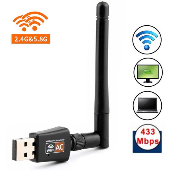 USB 2.0 600Mbps WiFi placa de rede sem fio Dual banda de alta velocidade 802.11ac adaptador LAN com antena rotativa