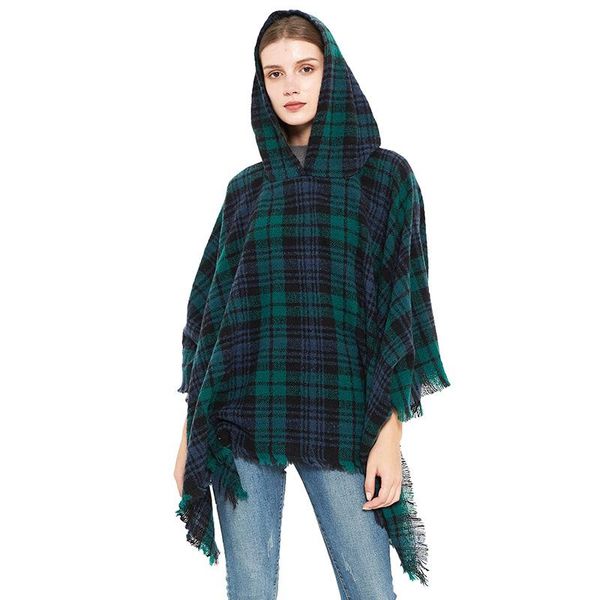 

scarves spring autumn winter christmas green checked shawl tassels circle yarn fringed plaid hooded cloak cape poncho pashmina wrap, Blue;gray