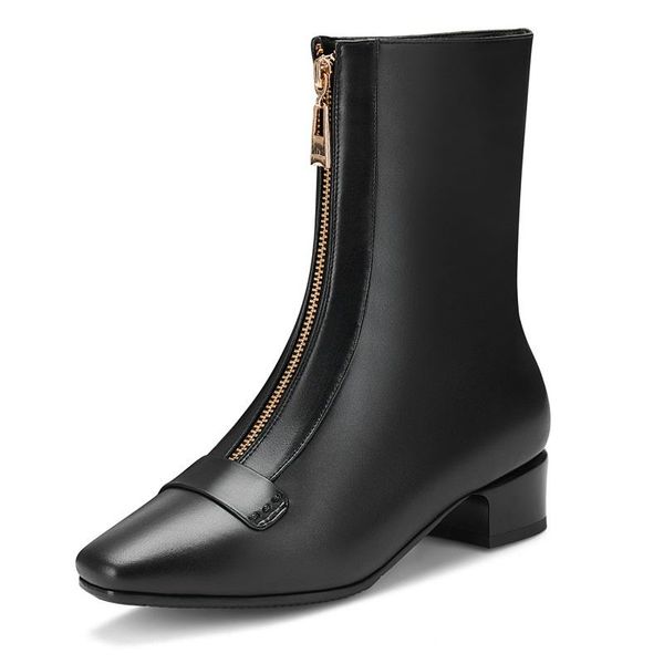 

boots 2021 autumn women genuine cow leather med heels round toe zipper black white shhoes woman riding big size 34-43
