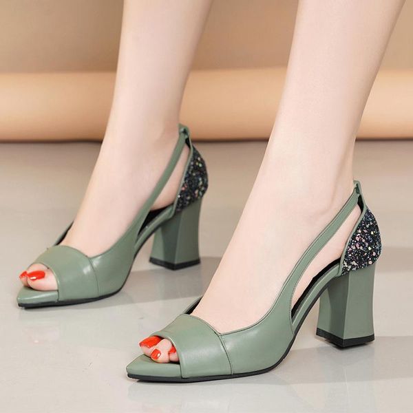 

sandals patchwork glitter thick high heels women summer fashion hollow out sandalias elegant office shoes woman, Black