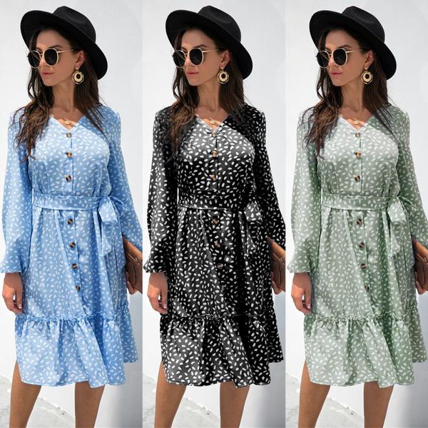 

casual dresses ladies ruffle stitching knee-length for women 2021 spring and autumn button v-neck long-sleeved polka-dot dress femme, Black;gray