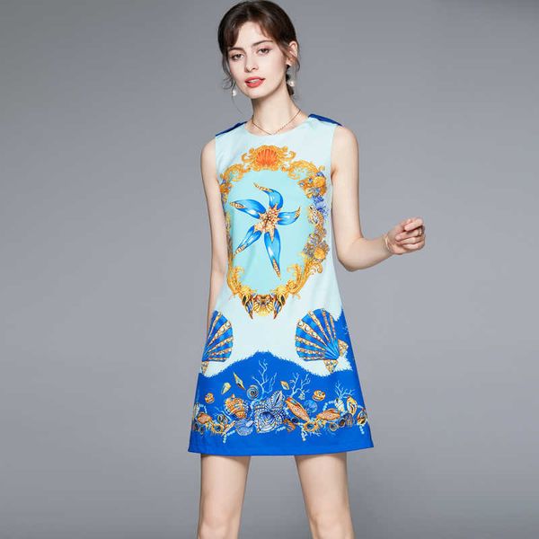 

summer fashion runway mini dress women sleeveless vintage printed a line elegant short dresses 210529, Black;gray
