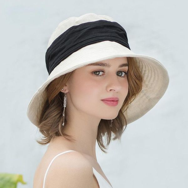 

wide brim hats women summer sun cotton linen foldable beach hat fashion patchwork bucket cap straw ladies and caps, Blue;gray