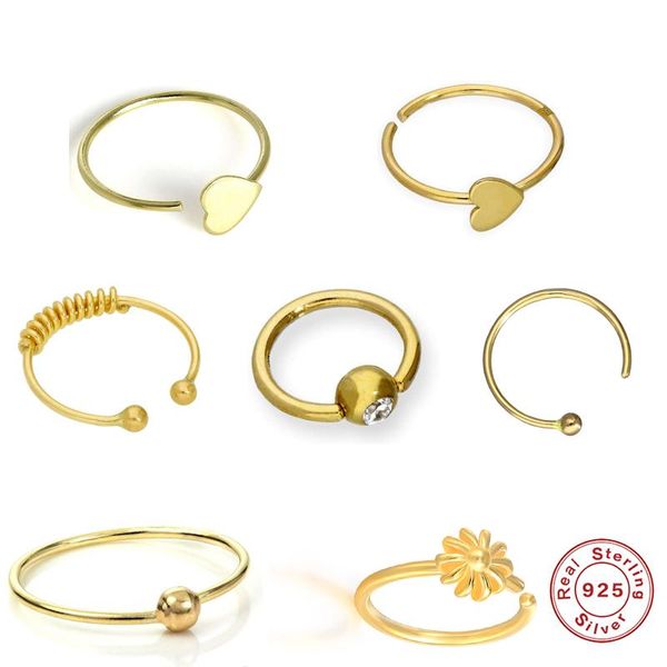 

canner single nose ring for women heart round bead-shape open 100% real 925 sterling silver rings 2021 fashion jewelry hoop & huggie, Golden;silver