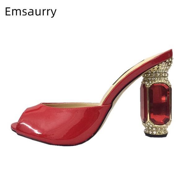 

luxury jeweled rhinestone heel sandals women peep toes red patent leather diamond high heels runway mules lady, Black