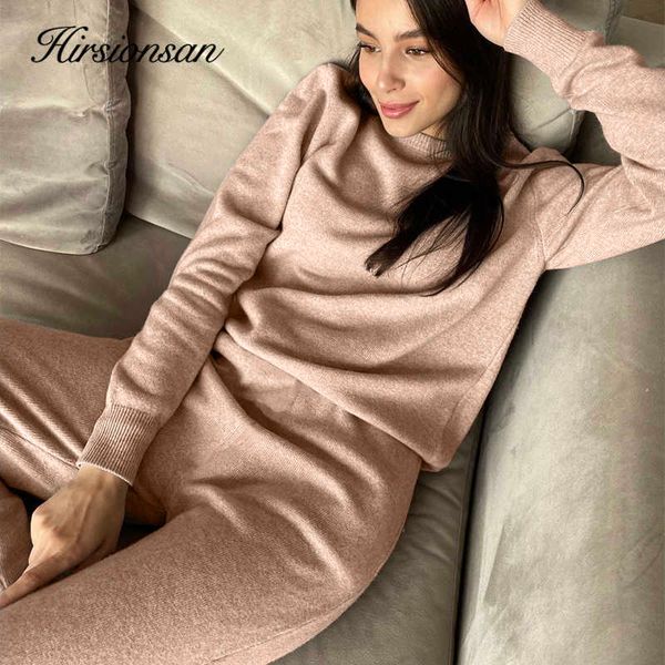 

hirsionsan basic two piece knitted loose pants and o neck sweater women autumn winter warm sets female tracksuits pullovers 210929, White