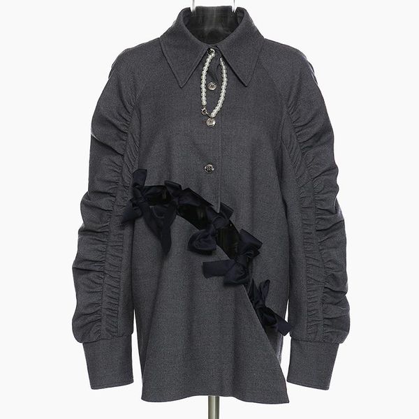 

women's wool & blends women colorblock coat oversize loose bow hollow out ruched high street, Black