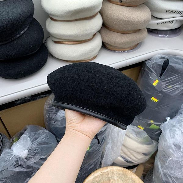 

berets 202108-weimin autumn winter wool warm classic pu brim street beret hat men women leisure painter, Blue;gray