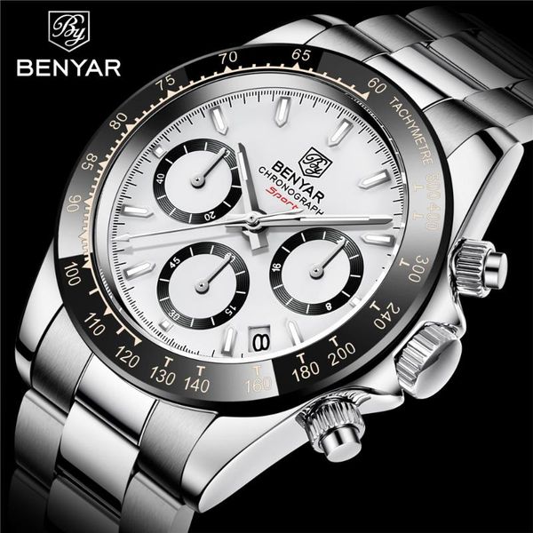 

wristwatches benyar 40mm chronograph fashion stainless steel waterproof watches classic men's quartz clock relogio masculin, Slivery;brown