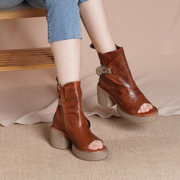 

boots women leather summer shoes peep toe high heels sandals for ankle handmade genuine shoes2021, Black