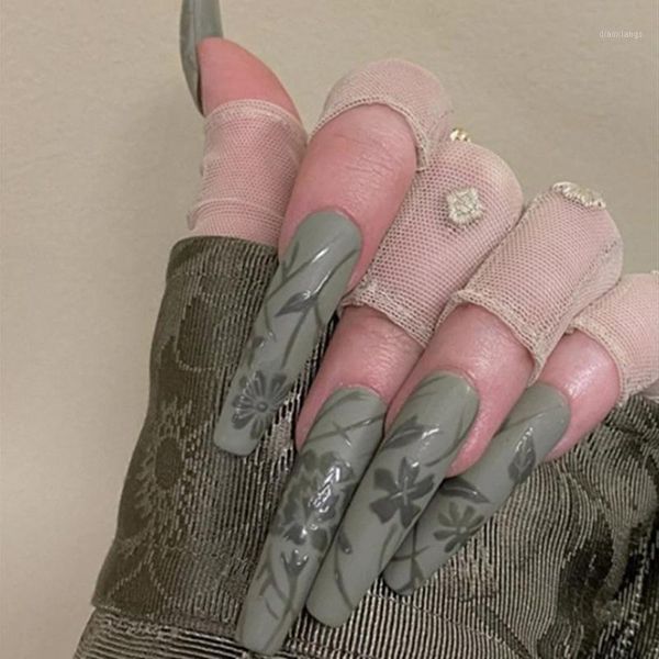 

24pcs fake nails with glue green floral nail extension patch false set waterproof art supplies dl1, Red;gold