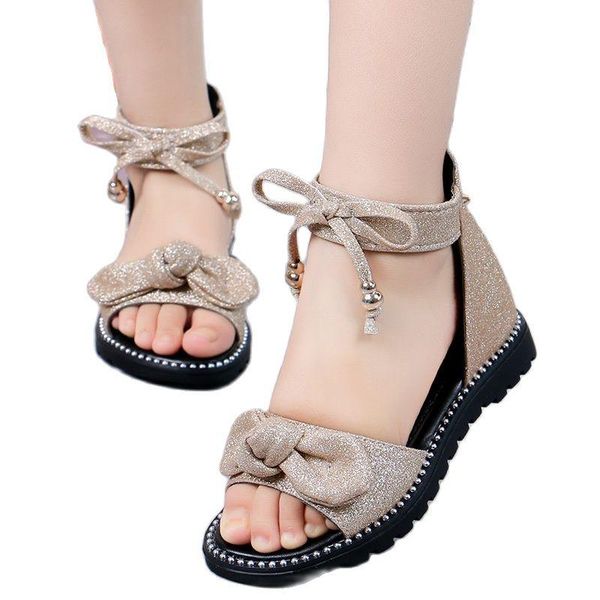 

sandals girls summer 2021 flat princess shoes big children students soft bottom kids roman baby, Black;red
