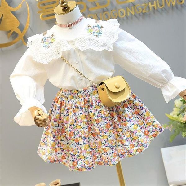 

baby girls fashion clothing set big lace embroidery shirts floral skirts,kids girl princess birthday suits children clothes, White