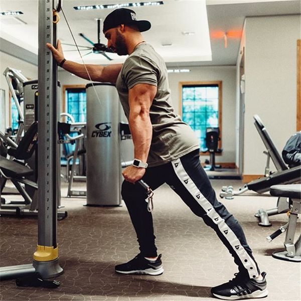 

pants trousers muscle brothers fitness sports tights men's stretch slim running training fashionable side, Black