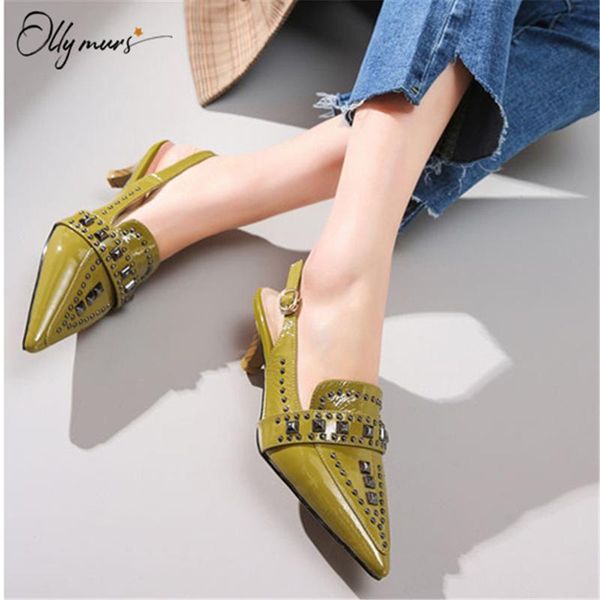 

dress shoes ollymurs fashion spring summer women pumps pointed toe metal studded thin mid heel ladies party woman, Black