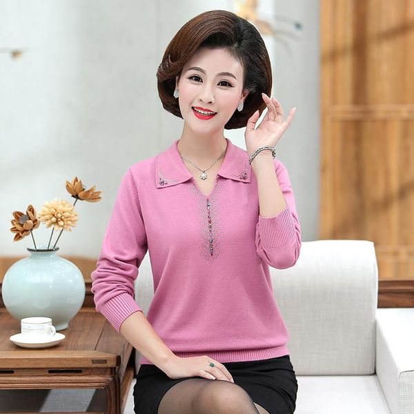 

women's sweaters 2021 autumn women sweater solid turn-down collar pullovers middle age mother's knitted beadings, White;black