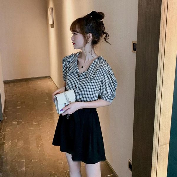 

women's tracksuits plaid shirt high waist wide leg shorts piece suit summer set women sets, Gray