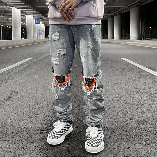 

men's jeans knee chain decorate hole ripped washed blue pants mens vibe style straight retro oversize casual denim trousers streetwear