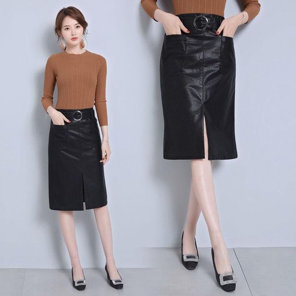 

skirts 2021 autumn winter office lady knee-length belt pocket faux leather skirt women formal high waist midi straight black t282