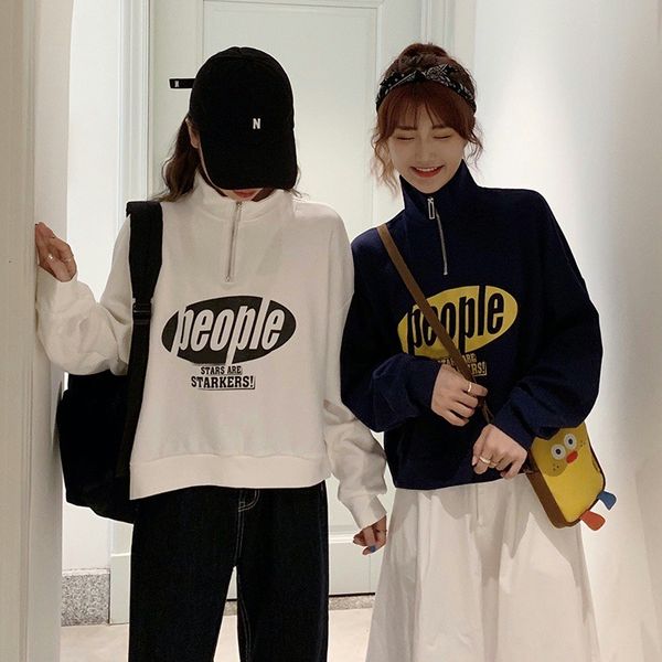 

2021 new korean loose, fresh and sweet round neck letter sweater female student autumn winter clothes, Blue;black