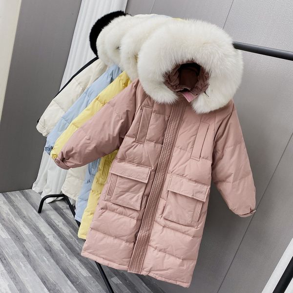 

winter white duck down jacket women casual solid long hooded coat fashion thick warm fur collar 210520, Black