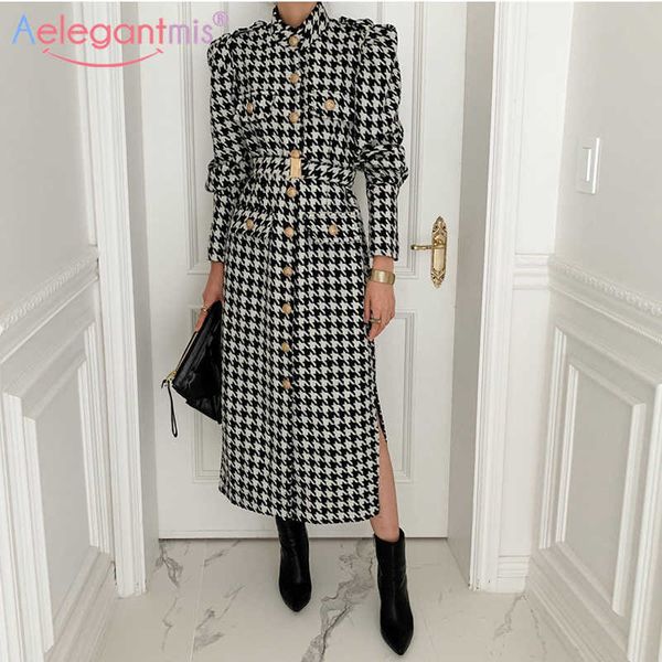 

aelegantmis houndstooth vintage dress women sashes split long puff sleeve dresses elegant vestidos mujer single breasted party 210607, Black;gray