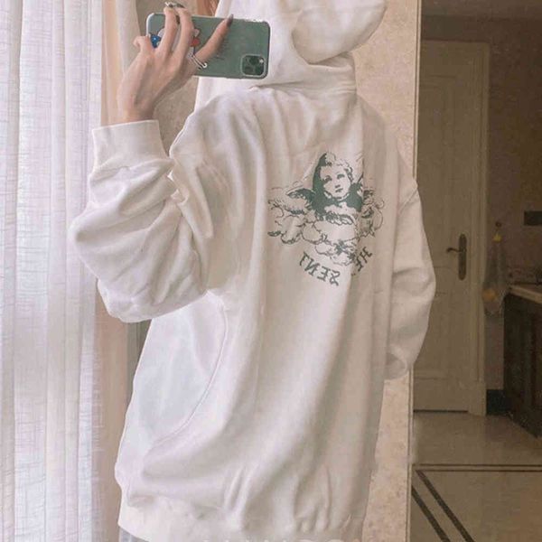 

women's hoodies & sweatshirts vintage casual angel print women white cotton long sleeve autumn winter hoodie female streetwear hooded j, Black