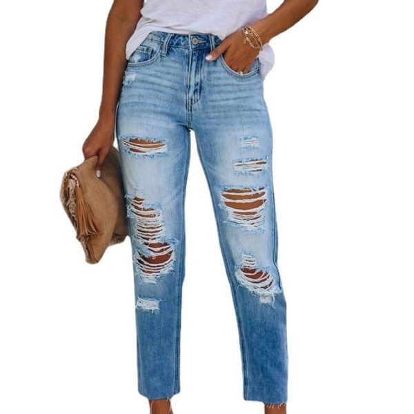 

women's jeans capri pants 2021 autumn street hipsters ripped holes loose washed cropped straight-leg mid-waist for girls, Blue