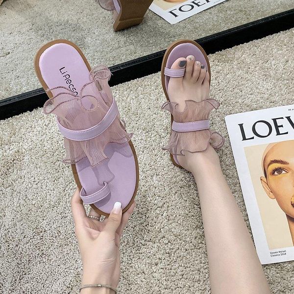 

slippers summer women's ruffled shoes flip-flops beach women woman, Black