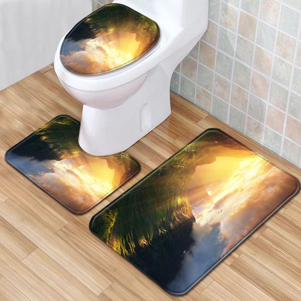 

carpets 3pcs/set bathroon non slip pedestal rug lid toilet cover bath mat sunrise nature tree home decor