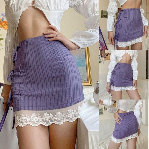 

skirts women's lace pure color bandage high waist skirt purple, Black