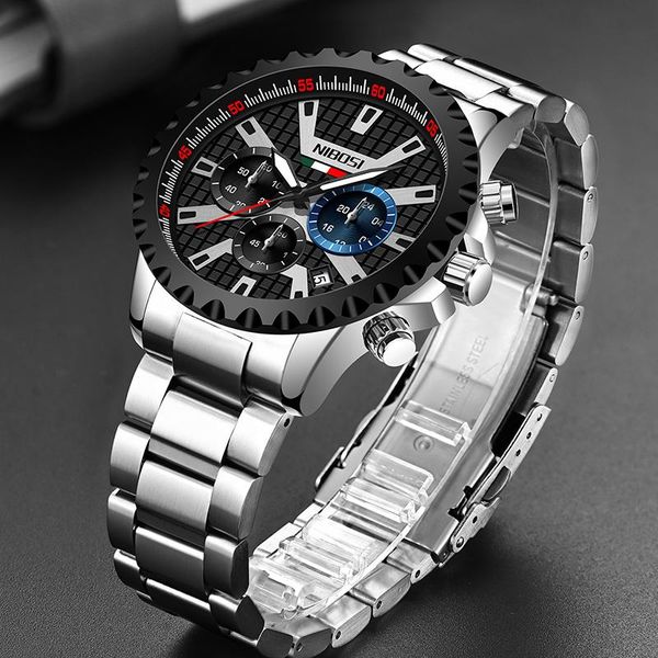 

wristwatches nibosi mens watches quartz clock sports fashion business stainless steel waterproof digital watch reloj hombre, Slivery;brown