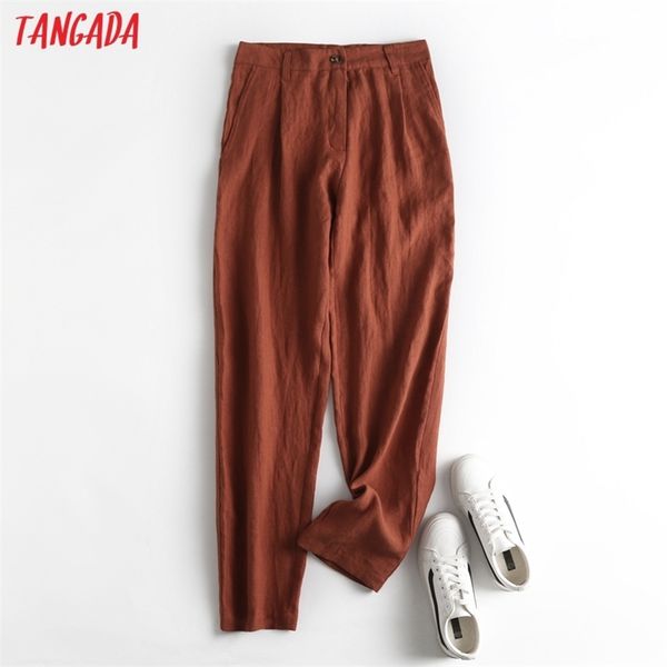 

tangada fashion women 100% linen suit pants trousers pockets buttons office lady pantalon 6d55 211007, Black;white