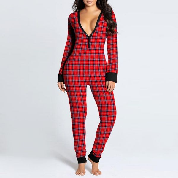 

christmas plaid pajamas women's button-down front functional buttoned flap adults jumpsuit pyjama femme mujer invierno pink jumpsuits &, Black;white